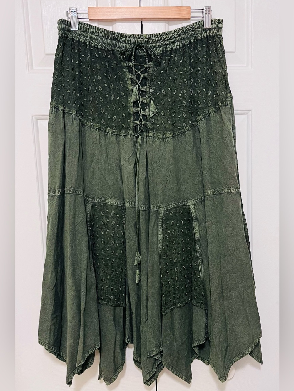 Olive Green Bohemian Lace-Up Maxi Skirt- OS